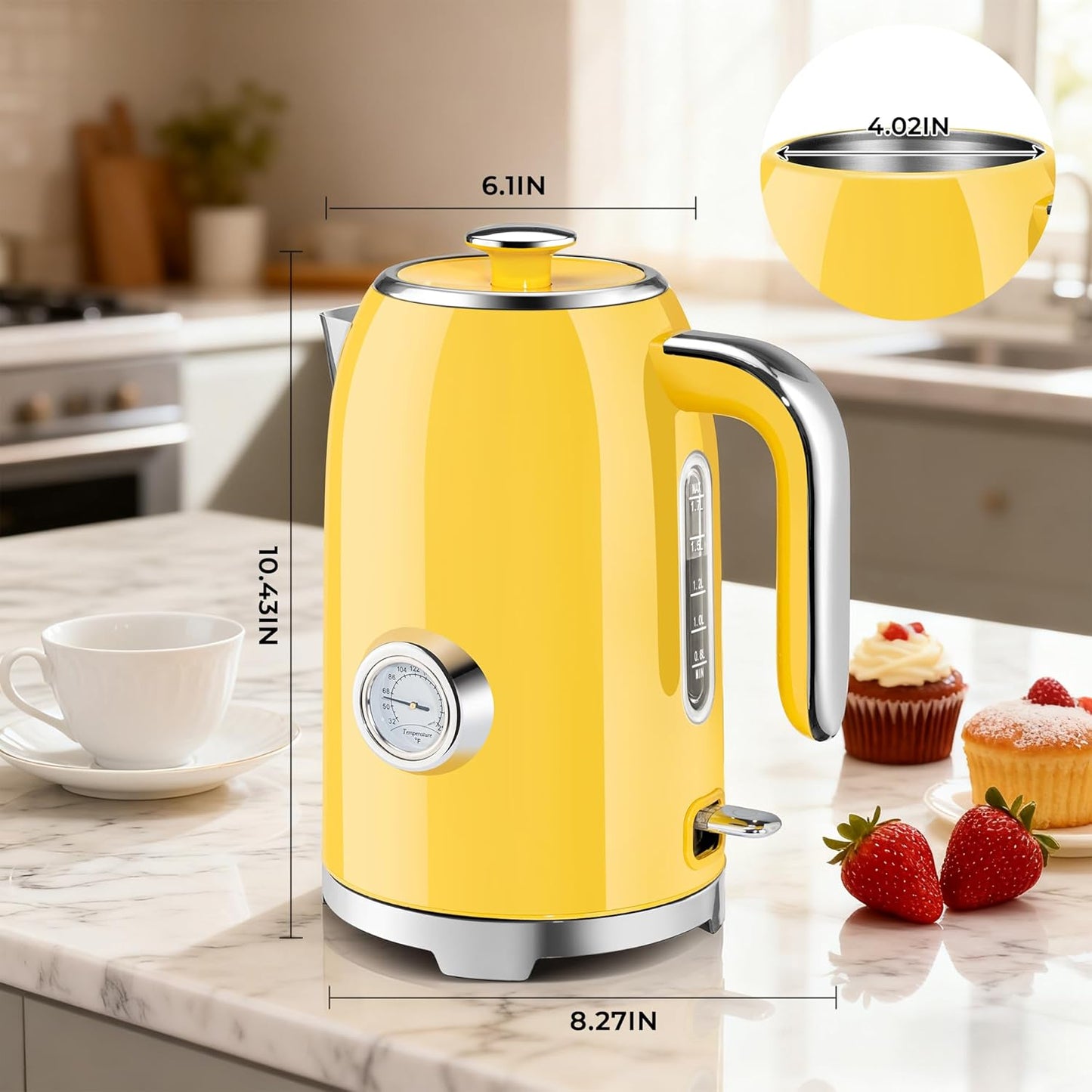 SUSTEAS Electric Kettle - 57oz Hot Tea Kettle Water Boiler with Thermometer, 1500W Fast Heating Stainless Steel Tea Pot, Cordless with LED Indicator, Auto Shut-Off & Boil Dry Protection, Retro Yellow