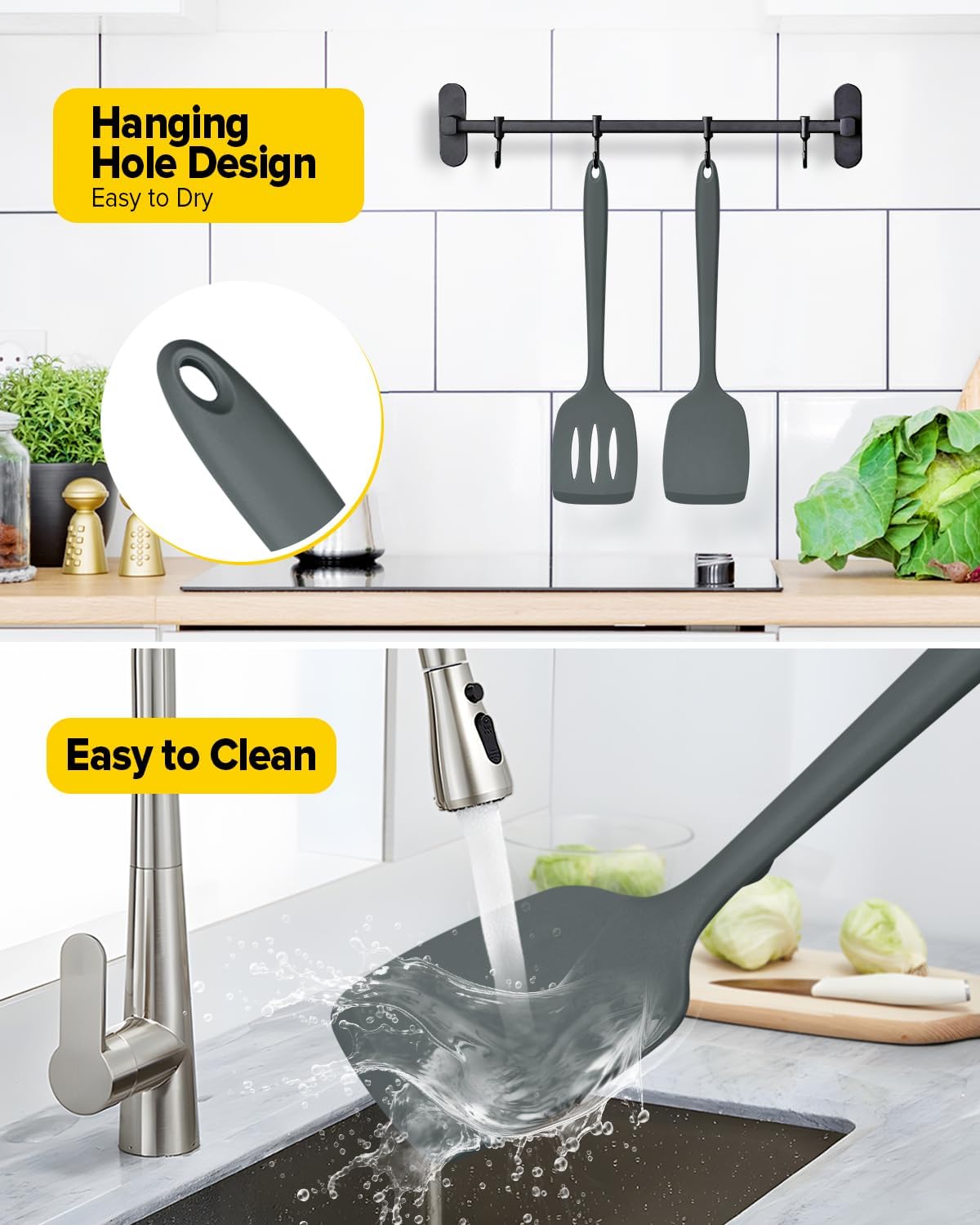 Pack of 2 Silicone Spatula Turners, Non Stick Slotted Kitchen Spatula Set, Heat Resistant BPA Free Kitchen Utensils, One-Piece Design, Suitable for Flipping Fish, Eggs, Steak, Pancakes(GRAY)