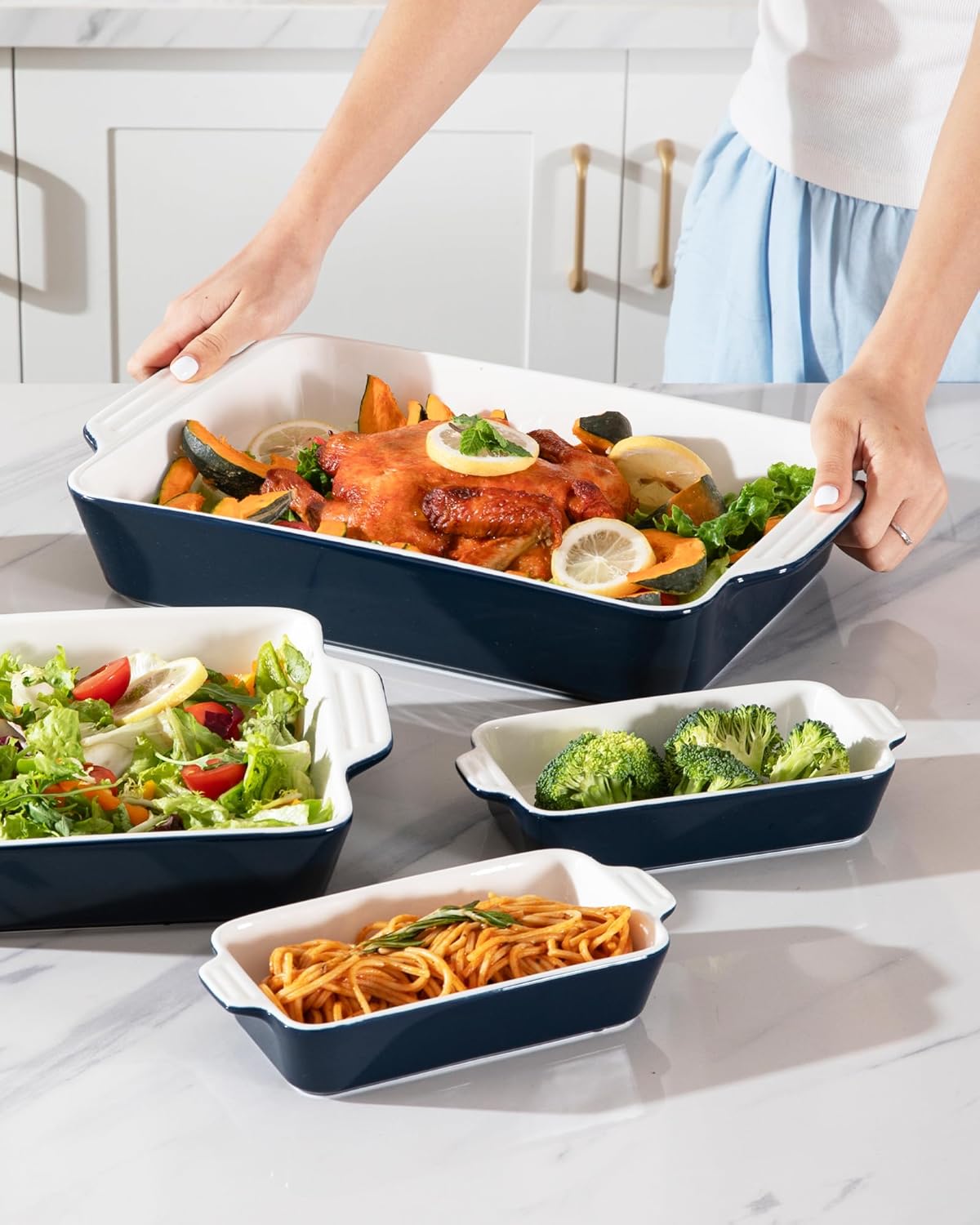 Sweejar Ceramic Bakeware Set of 4, Casserole Dishes for Oven, Rectangular Baking Dish with Handles, Lasagna Pans Deep for Cooking, Gratin, Roasting, Banquet and Daily Use (Navy)