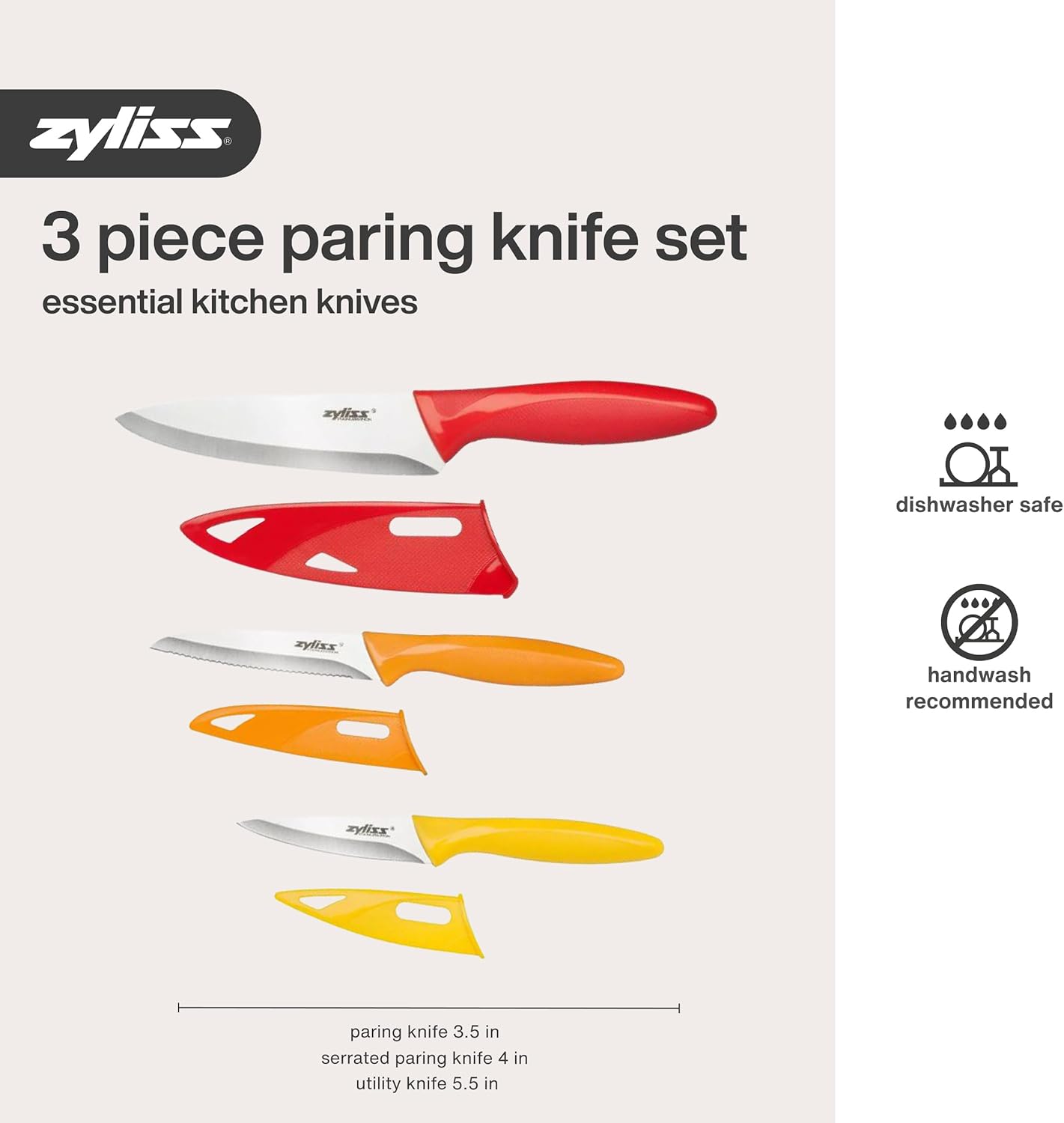 Zyliss Utility Kitchen Knives with Sheath Covers - Dishwasher Safe - Stainless Steel Kitchen Knives Perfect for Cutting Meat, Vegetables & Fruit - 3 Piece Paring Set
