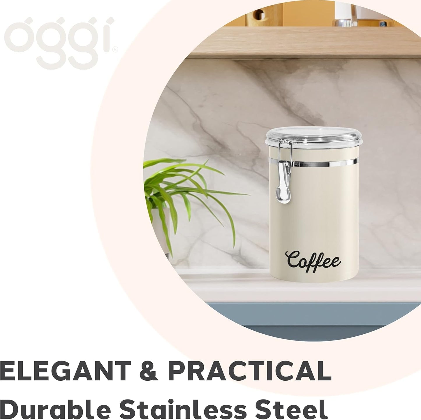 Oggi Stainless Steel Coffee Canister 62 fl oz - Airtight Clamp Lid, Warm Gray, Tinted See-Thru Top - Ideal for Coffee Bean Storage, Ground Coffee Storage, Kitchen Storage, Pantry Storage. 5 x 7.5