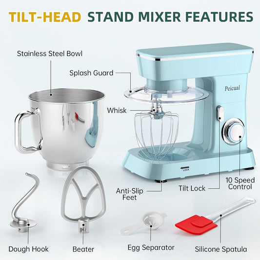 Stand Mixer, 6QT 10+P Speed Tilt-Head Kitchen Electric Mixer, Food Mixer with Stainless Steel Bowl, Dough Hook, Flat Beater, Wire Whisk, Splash Guard-Blue