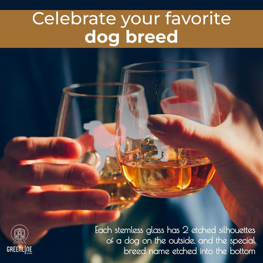 Beagle Stemless Wine Glasses (Set of 2) | Unique for Dog Lovers | Hand Etched with Breed Name on Bottom