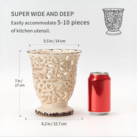 Utensil Holder for Kitchen Counter, Modern Farmhouse Cooking Utensil Holder and Crock Home Kitchen Decor, Ceramic Utensil Organizer for Spatula, Ladle, Eggbeater, Rolling Pin- Beige Antique Design