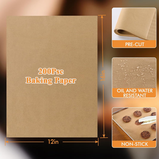 MUCHII 200 Pcs Parchment Paper Sheets, 12 x 16 Inch Precut Non-Stick Baking Parchment for Oven, Grilling, Steaming, Air Fryer, and Half Sheet Pans