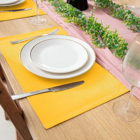 Linen Fabric Placemats Set of 4, Machine Washable, Heat Resistant, Wrinkle Free, Thick Polyester Kitchen Place Mats for Dining Table (Yellow)