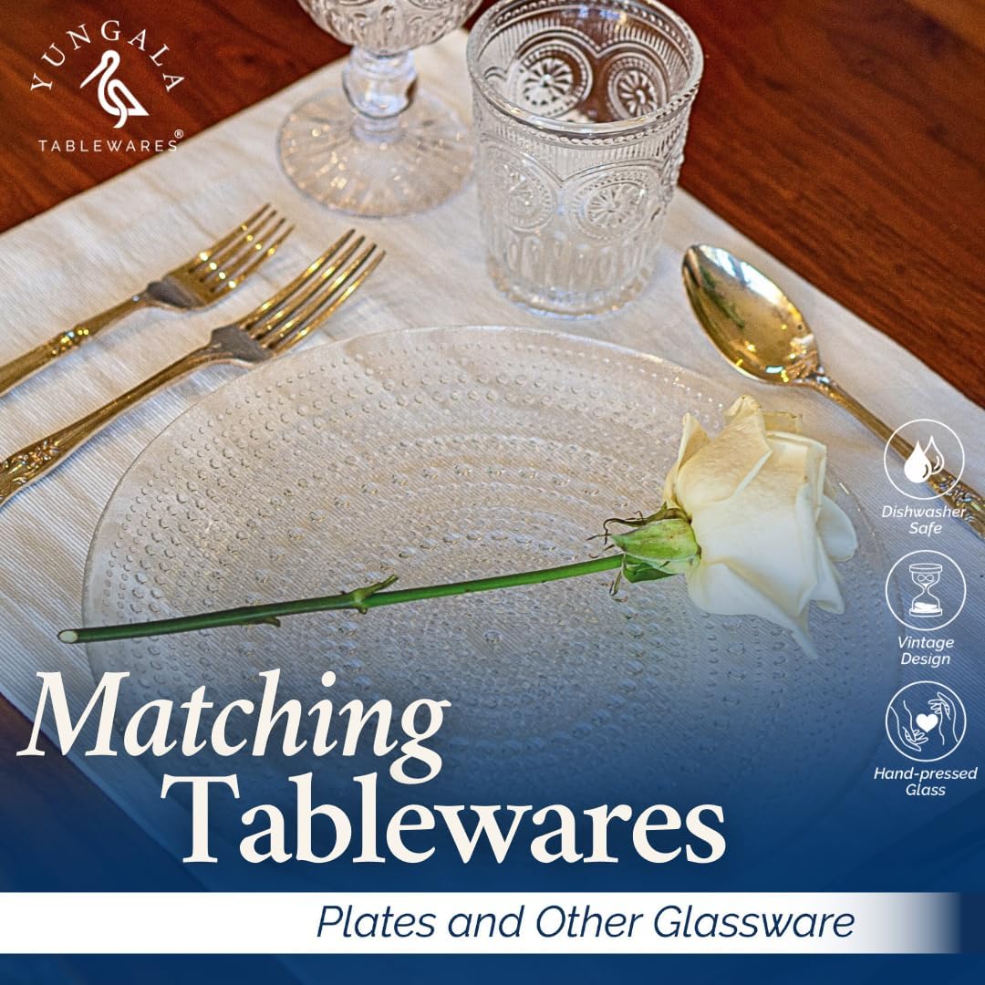 Yungala Highball Glasses set of 6 Vintage Glassware water glasses with unique footed design and pressed sunflower and hobnail motif - hand crafted without lead - dishwasher friendly