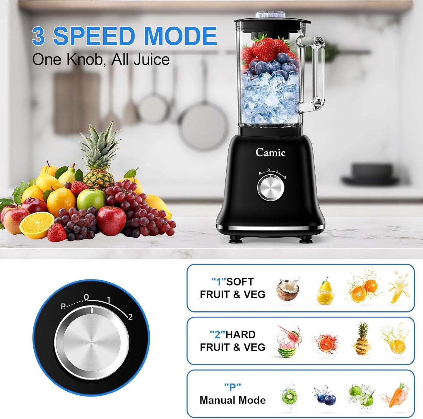 Glass Blenders for Kitchen with 750W, 54Oz. Countertop Blender Glass Jar Food Processor Combo, BPA-Free Blender for Smoothies, Ice Crush,Nuts, Frozen Drinks and Fruits (Black)