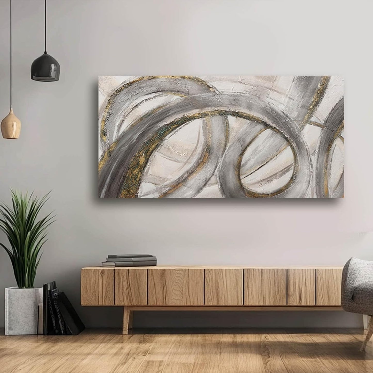 VAYIMDH Grey Modern Artwork Black with Gold Line Abstract Wall Decor Canvas Painting Office Wall Hanging Picture for Living Room 24"x 48" Neutral Wall Art
