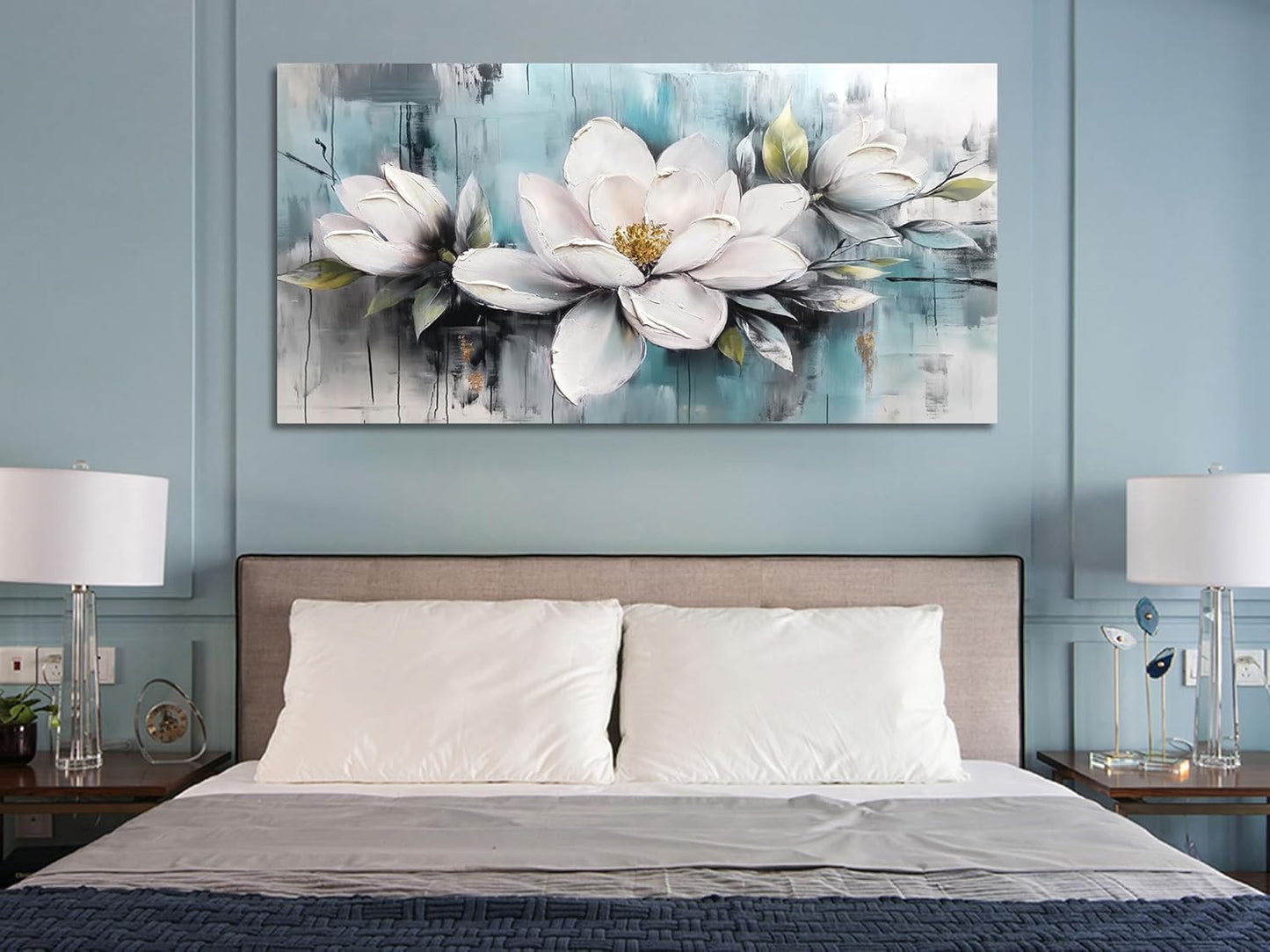 Ardemy Magnolia Wall Art for Living Room, Extra Large White Floral Canvas Wall Art Bedroom Painting Pictures Wall Decor Teal Flower Artwork for Walls Home Office Dining Room, 40"x20"