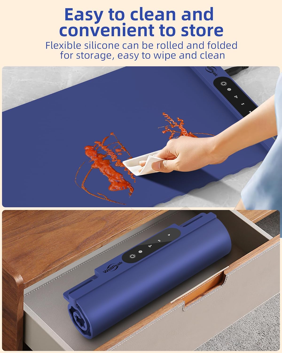 Electric Warming Mat for Food (2-Pack)- Full Surface Fast Heating Silicone Warmer Tray with 3-Level Temperature, Auto-Off, Raised Feet for Table Protection for Gatherings, Parties, Home Buffets, Blue