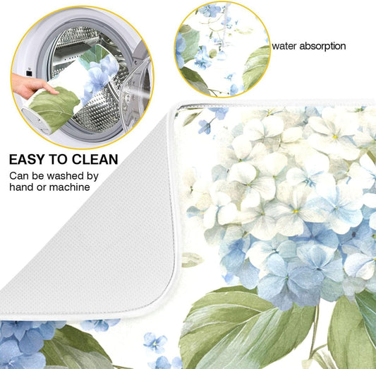 Watercolor Hydrangeas Dish Drying Mat Super Absorbent Drying Mat 18x24 inch Large Dish Drying Mats for Kitchen Counter Dish Drying Pads Kitchen Drying Matt for Countertop