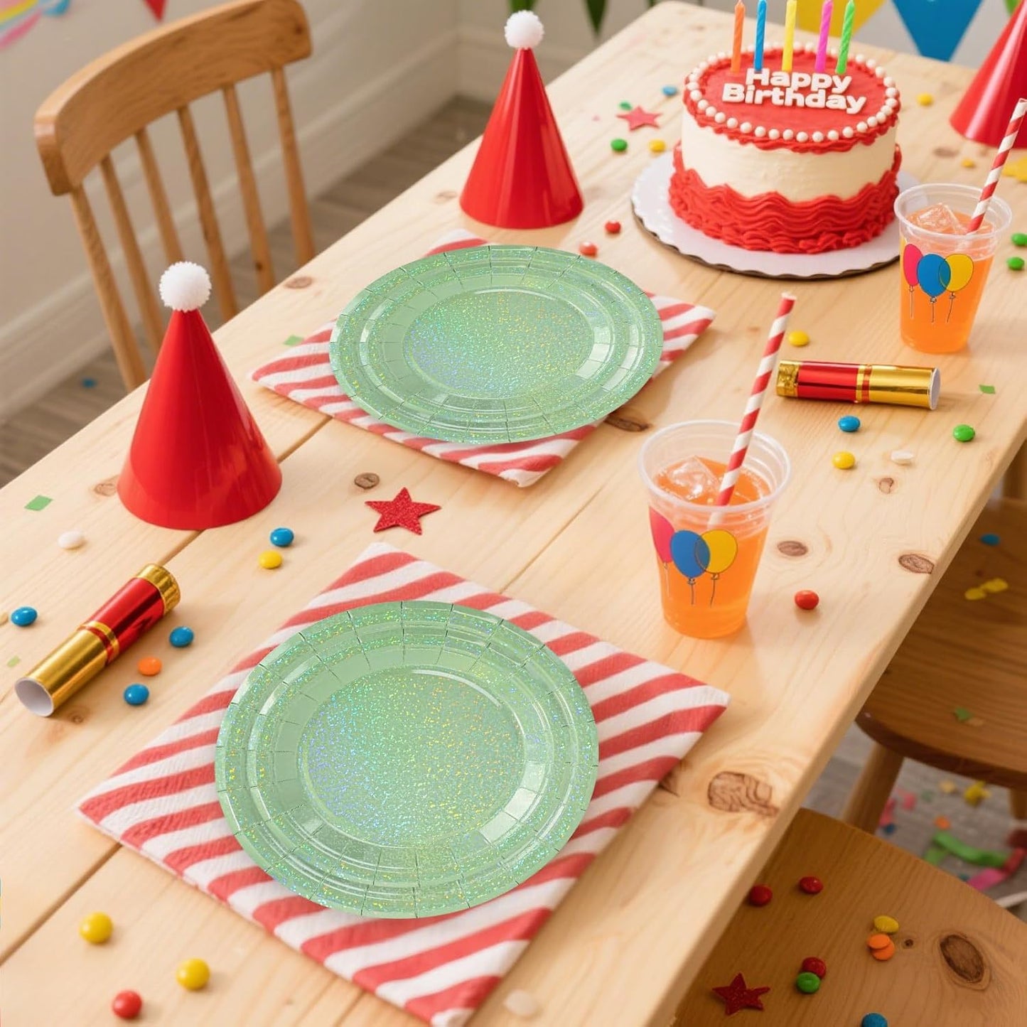 50 Pcs Iridescent Sage Green Paper Plates 25 × 7'' and 25 × 9'' Disposable Green Shiny Holographic Foil Dinner Plates for Wedding Baby Shower Birthday Party Glitter Dessert Plate