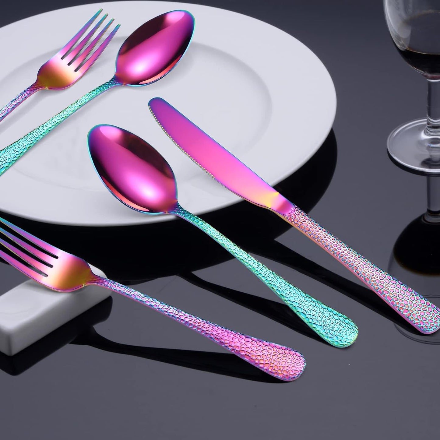 Hammered Silverware Set Rainbow Stainless Steel Flatware 40 pieces Dinning Utensils Service for 8 include Knife Fork Spoon Durable Easy to Clean