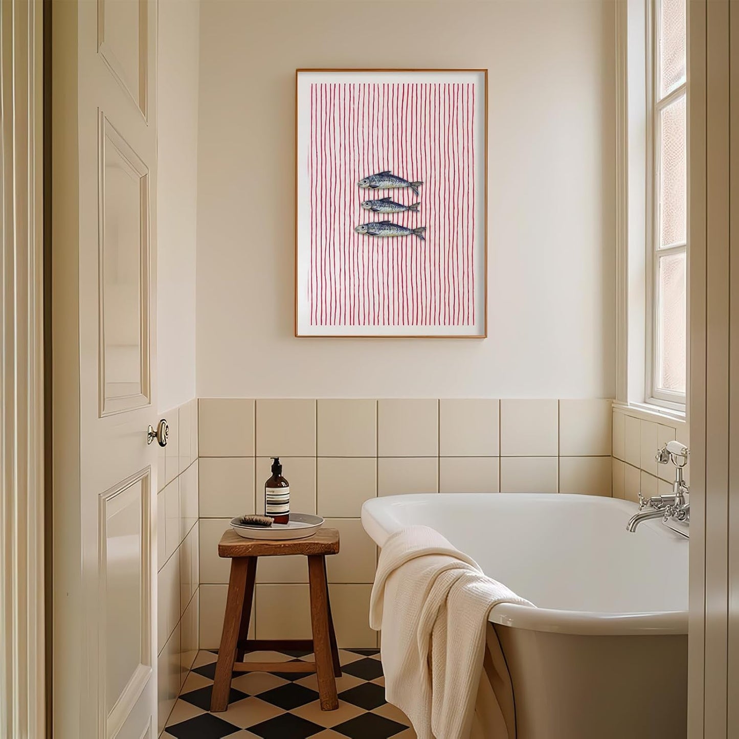 Kitchen Wall Art Farmhouse Kitchen Poster Fish Art Poster Striped Sardines Print Vibrant Red Stripes Ideal for Coastal Home Dining Room Cafe Coastal Nautical Modern Wall Decor 12x16 Inch UnFramed