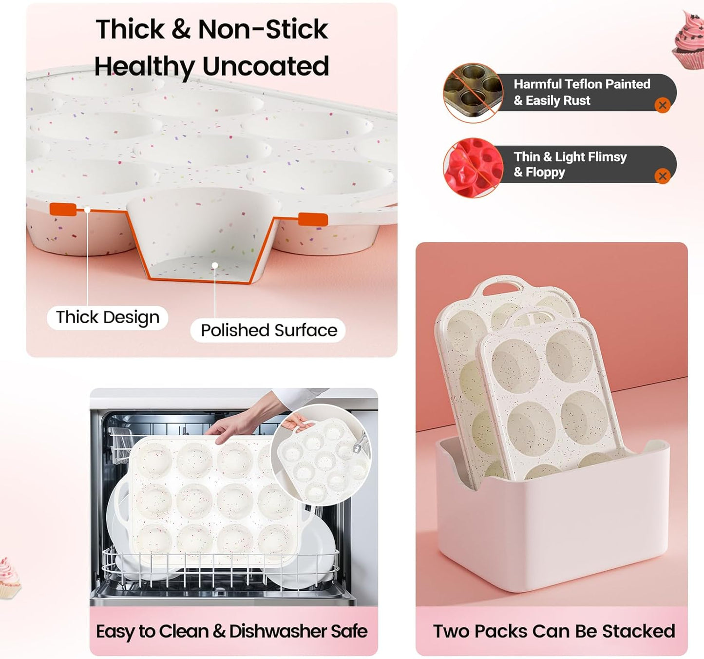 Silicone Muffin Pans for Baking with Metal Reinforced Frame 2 Pack with 6 Pack cupcake boxes(6 count), Nonstick Silicone Cupcake Pan for Baking Homemade Muffins, Dishwasher Safe BPA Free