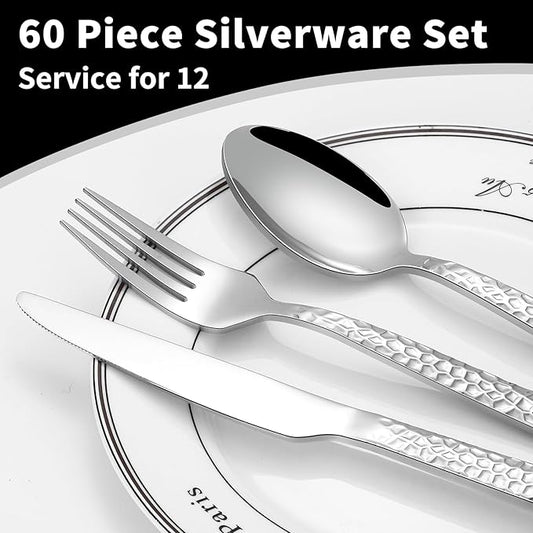 Silverware Set for 12, Amafox 60-Piece Stainless Steel Hammered Flatware Set, Kitchen Utensil Cutlery Set Include Knives Forks and Spoons, Mirror Finished Silverware Sets, Dishwasher Safe