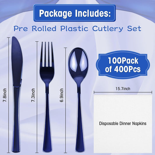 100Pack Blue Pre Rolled Plastic Silverware - Wrapped Blue Rolled Cutlery with Napkins, Heavy Duty Prerolled Plastic Silverware Set, Disposable Utensils with Dinner Napkins for Party