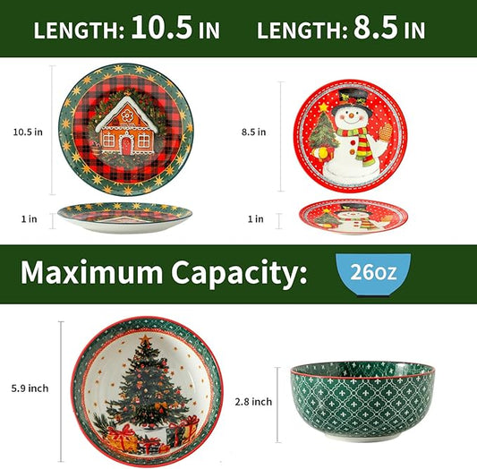 glowworm Christmas Dinnerware Sets for 6, 18 Pieces Plates and Bowls Set, Ceramic Dishes Set for 6, Oven, Microwave & Dishwasher Safe