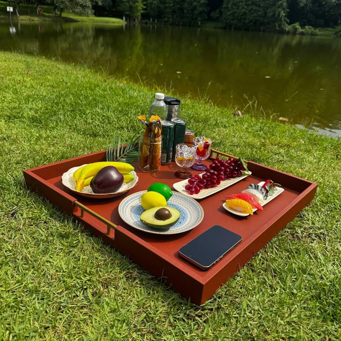 24x24 Inches Extra Large Brown Faux Leather Wrapped Wood Ottoman Tray with Golden Handles for Serving Food and Breakfast On Bed Square Coffee Table Organizer Home Decor and Decorative