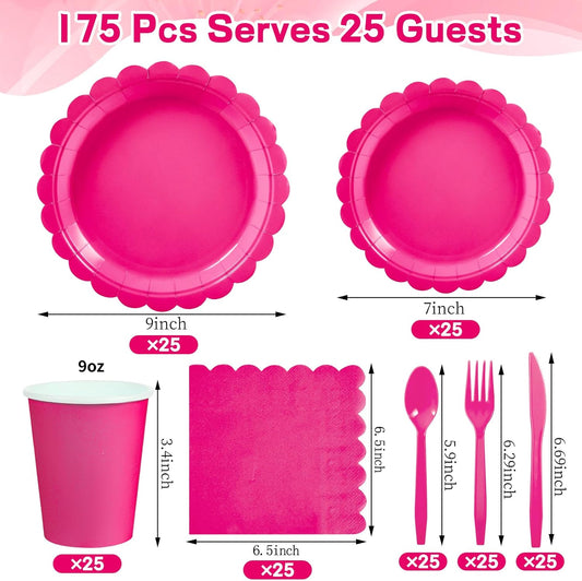 175 Pcs Hot Pink Paper Plates and Napkins, 25 Guest Hot Pink Party Supplies Include Scalloped Plates Napkins Cups Plastic Cutlery Set for Birthday, Bridal Shower