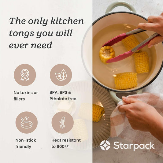 Starpack 'Get a Grip' Silicone Kitchen Tongs for Cooking 9 Inch - BBQ Silicone Tongs for Grill Heat Resistant to 600°F - Stainless Steel Utensils with Non Stick Rubber Tips for Serving Food