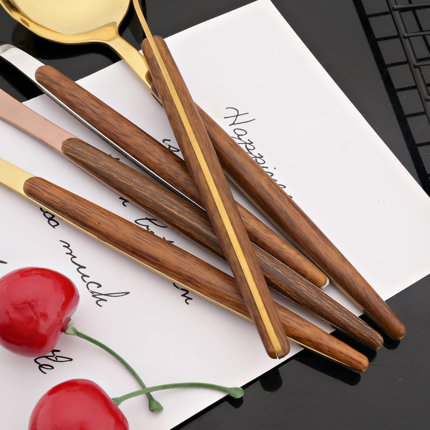 JASHII Wood Handle Flatware Set, 20 Pieces Stainless Steel Silverware Cutlery Set, Mirror Polished, Knife Fork Spoon Set, Dishwasher Safe - Pointed Head Gold