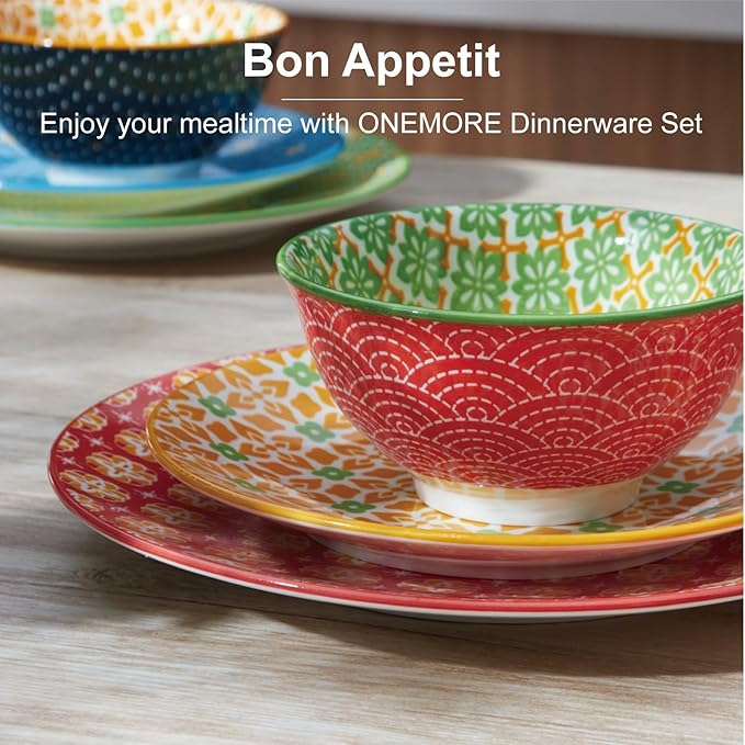 ONEMORE 12 Piece Ceramic Dinnerware Set for 4, Porcelain Plates and Bowls Set - Microwave, Dishwasher & Oven Safe, Durable Everyday & Formal Use, Colorful Stoneware Dish Set