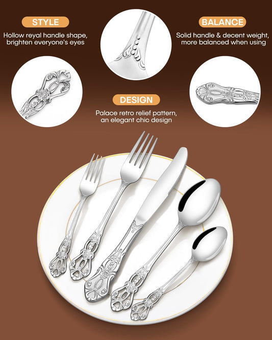 EUIRIO 48 Pieces Royal Silverware Set for 8, Gorgeous Retro Flatware Set with Steak Knives, Premium Stainless Steel Vintage Cutlery Utensils Set with Forks Spoons and Knives, Dishwasher Safe