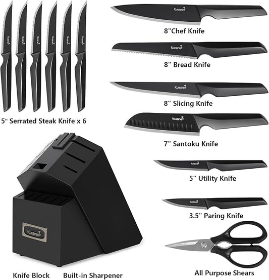 Kuisine Premium Knife Set,One-piece Steel Molding,High Carbon Stainless Steel Ultra Sharp,Non-slip Ergonomic Solid Steel Handle,Built-in Sharpener Knife Block Set,Luxury Gift(15PCS,Black)