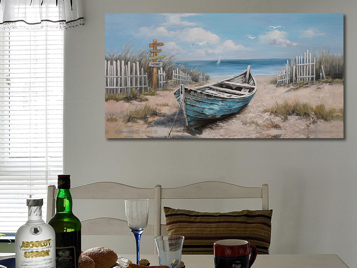 Ardemy Boat Canvas Wall Art for Living Room Large Teal Bedroom Pictures Wall Decor Textured Beach Paintings Artwork Dining Room Home Office Kitchen, 40"x20"