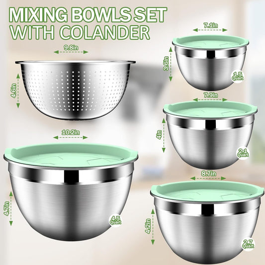 Mixing Bowls with Lids Set, Stainless Steel Mixing Bowl Set with Colander, Strainer with Bowls - Pistachio