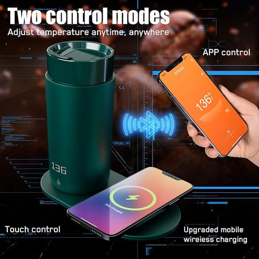 Temperature Control Heated Coffee Mug Smart Self Heating Travel Mug 12 Oz App Controlled Warmer Mug 4-10 Hour LED Display Keep Coffee Hot All Day Fast Wireless Charger Base Jade Green