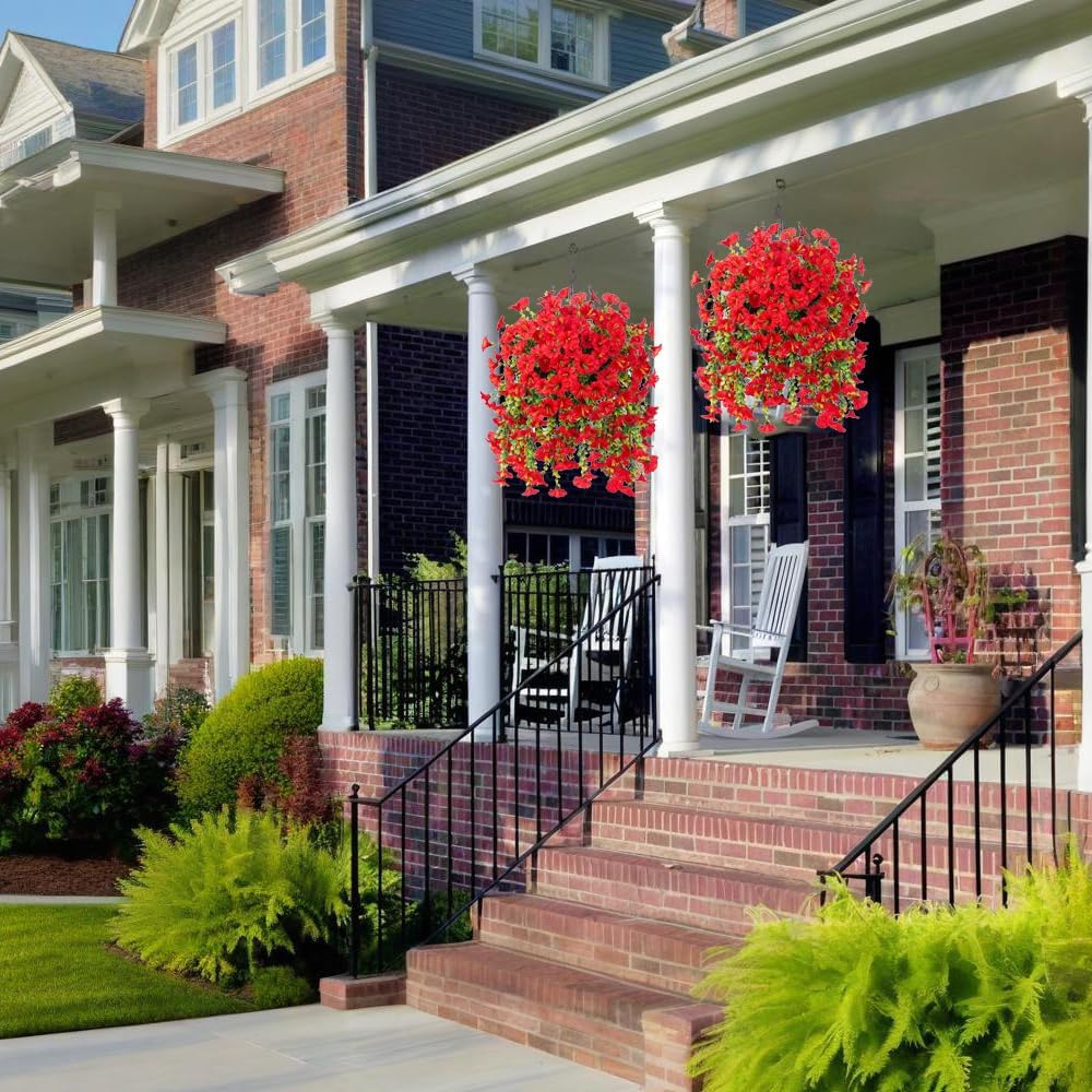 Jasion 4 Bundles Artificial Hanging Flowers Outdoor Realistic Morning Glory Silk Fake Plants UV Resistant for Porch Balcony Fence Decor (Red)