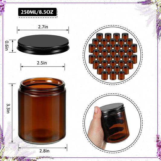 Lallisa 72 Pcs 8 oz Amber Glass Jars with Black Lids Round Glass Cosmetic Jars with Lids Empty Amber Containers Refillable Food Storage Containers for Spice Powder Liquid Sample Makeup