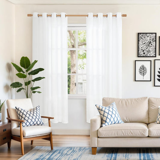 YoungsTex White Linen Semi Sheer Curtains for Living Room 52 X 72 Inch, Bronze Grommet Textured Window Drapes Light Filtering for Dining Room Bedroom, 2 Panels