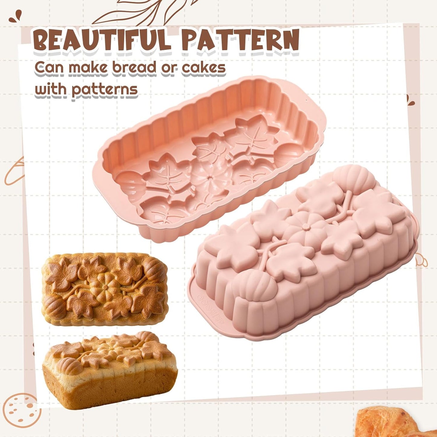 Vesici 3 Pcs Silicone Loaf Pan Pumpkin and Maple Leaf Patterns for Fall Harvest Thanksgiving Holiday 6 Cups Bread Baking Mold Non Stick Oven Microwave Safe, Nordic Gray Blue Pink Colors