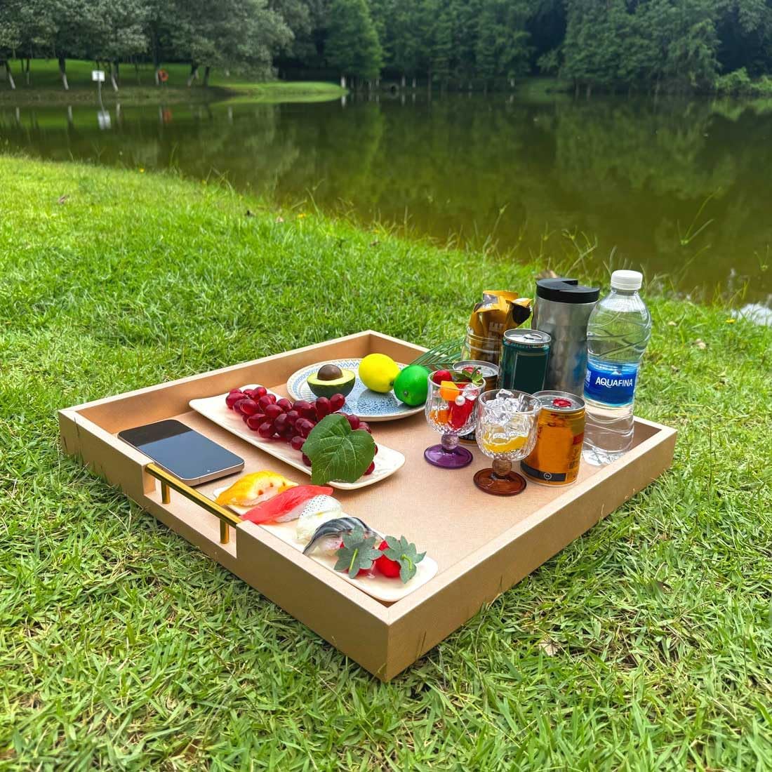 20x20 Inches Large Champagne Faux Leather Wrapped Wood Ottoman Tray with Handles for All Occasions, Serving Breakfast On Bed, Home Decor Decorative, Living Room,Square Coffee Table Organizer