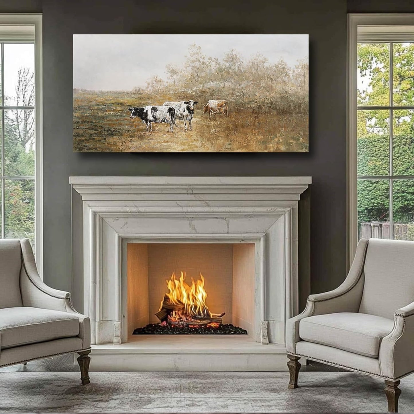 Farmhouse Cute Cattle Wall Art Framed Wall Decor Animal Theme Artwork Cow Picture for Home Office Bedroom Living Room Decoration 24x48 Inch