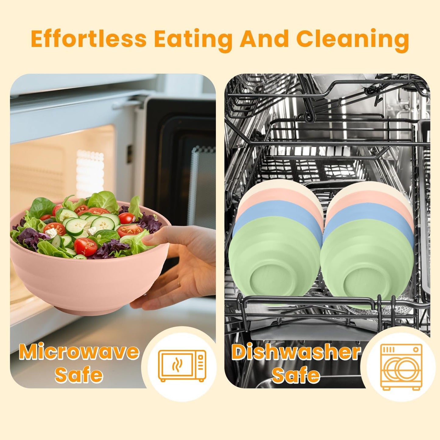 60 OZ Big Salad Bowls,Large Soup Bowl Set of 8,Wheat Straw Bowls,Serving Bowl for Wedding Parties,Microwave and Dishwasher Safe Bowls for Salad,Soup,Serving,Oatmeal Big Bowls for Kitchen - Light Color