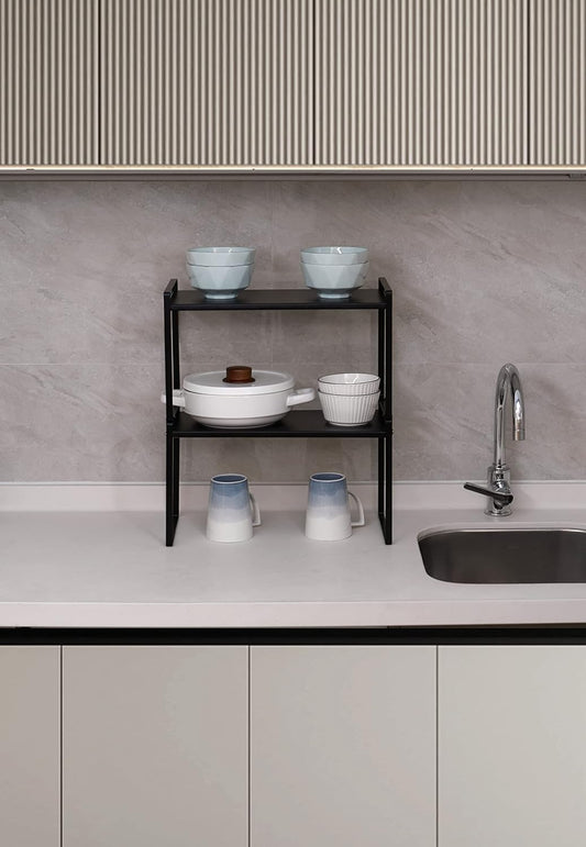 Nxconsu 2Pack Cabinet Shelves Stackable Shelf Organizer Rack Riser for Kitchen Cabinet Pantry Cupboard Counter Countertop Home Organization Storage Space Saver Heavy Duty Metal Nonslip Black Wide Tall