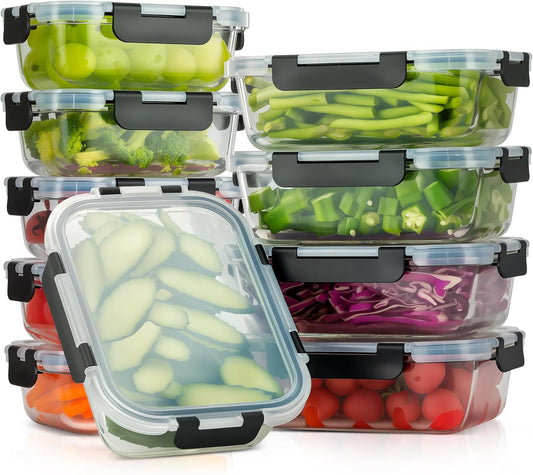 [10-Pack Glass Meal Prep Containers with Lids, Food Storage Containers with Snap Locking Lids, Airtight Lunch Containers, Microwave, Oven, Freezer and Dishwasher,Black