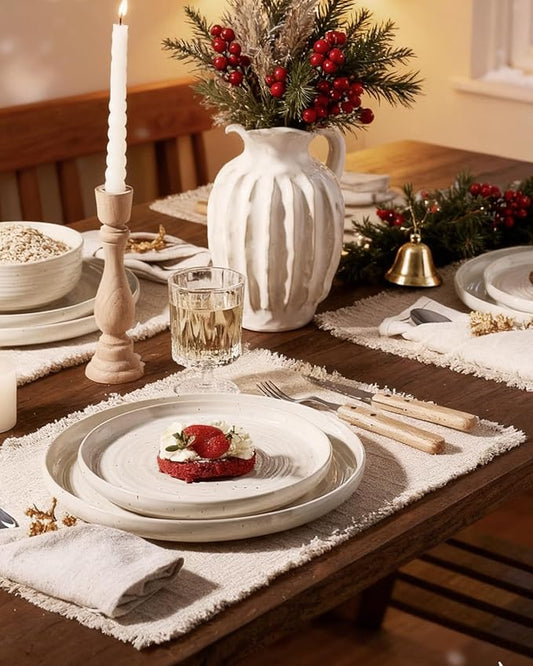 Stoneware Dinnerware Sets, Plate and Bowl Sets for 8, 24 Pieces Spiral Flared Dishware Set with Speckles & Reactive Glaze - Microwave and Dishwasher Safe Tableware, Shell Beige