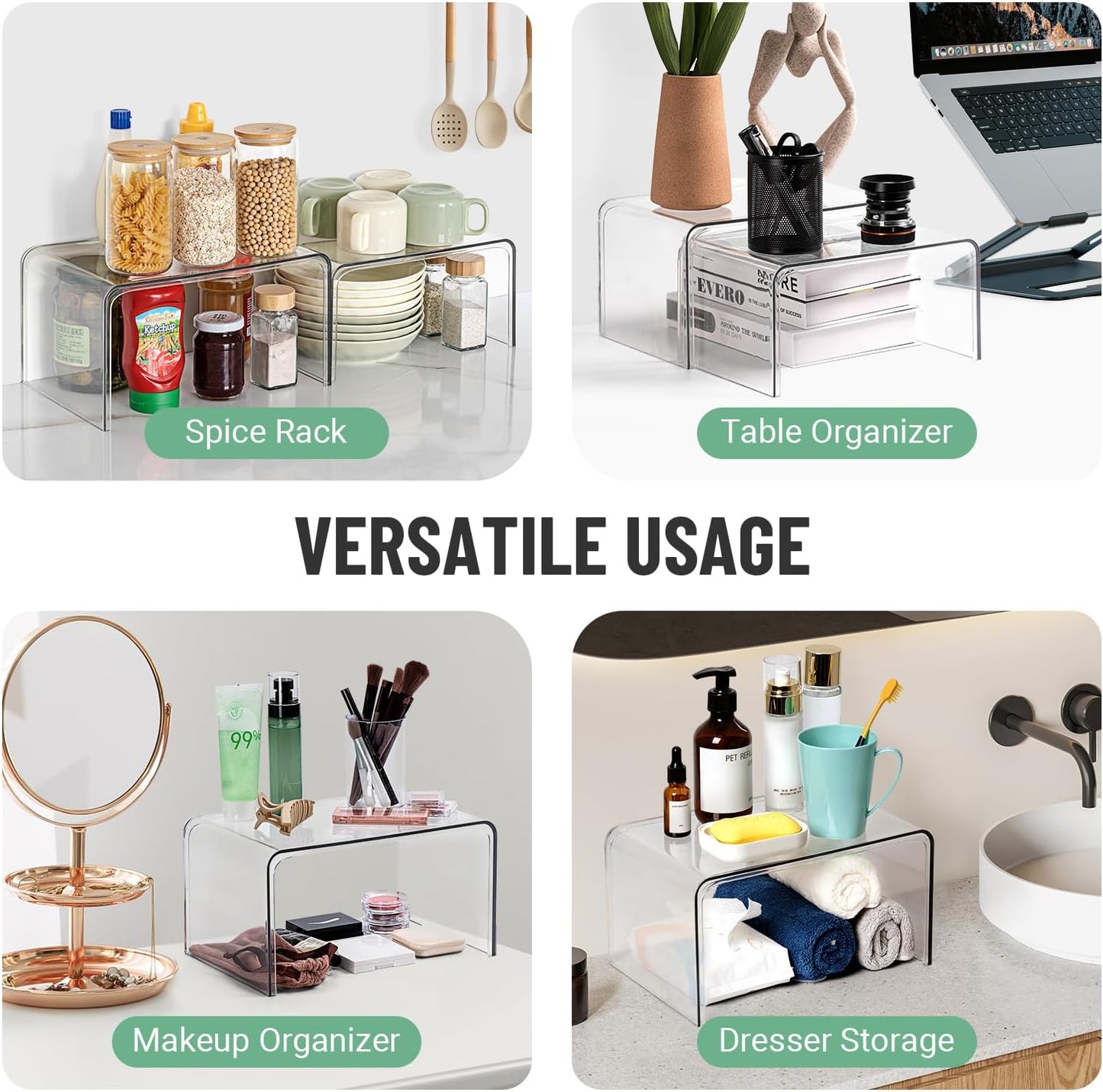 Clear Cabinet Organizer, Shelf Organizer Set of 2 for Kitchen Pantry Organizers and Storage, Display Cabinet Shelf Room Decor Countertop Desk Shelves, Patented Spice Organization for Cabinet