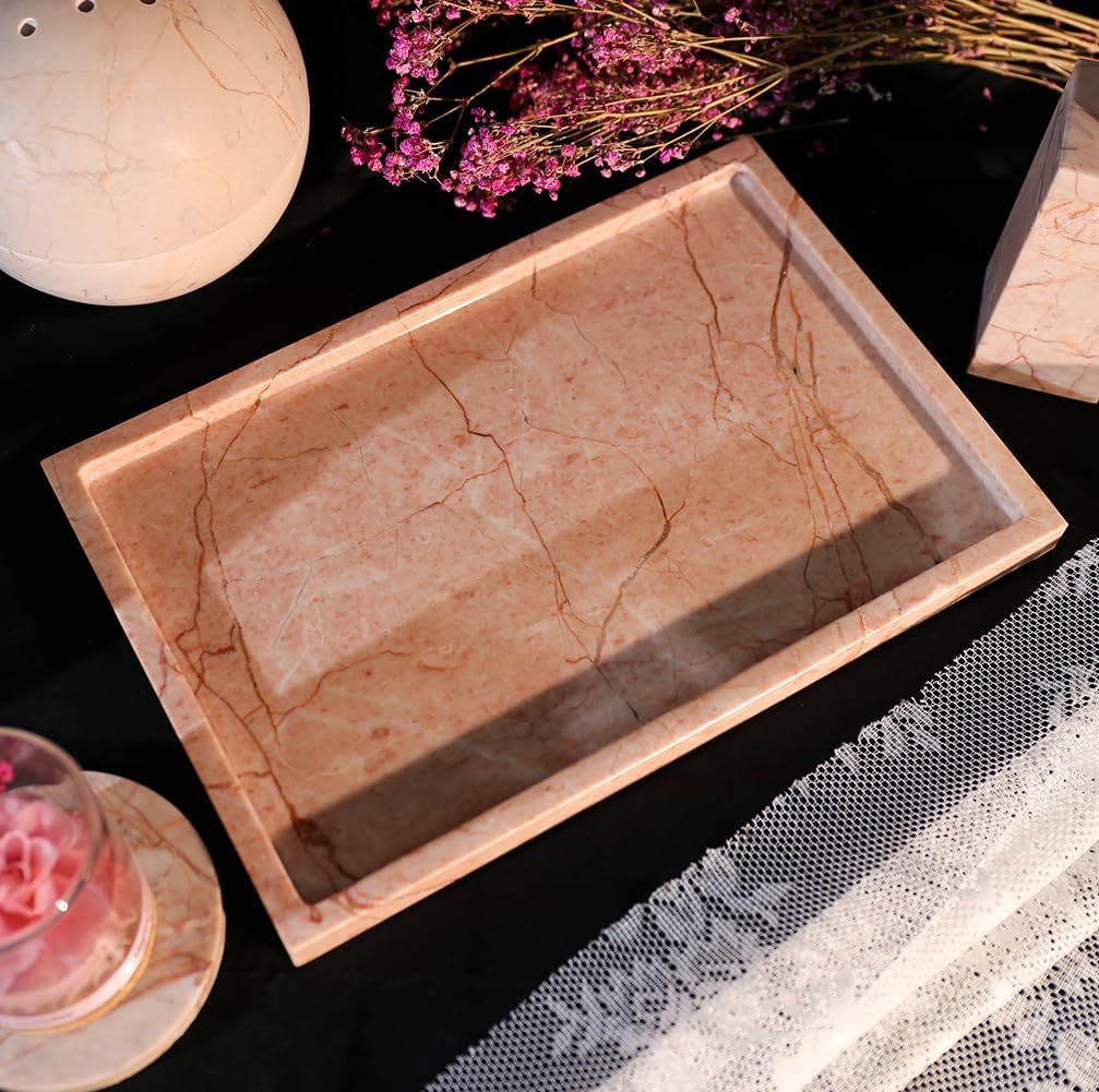 Real Luxurious Natural Marble Vanity Tray Genuine Marble Storage Tray for Home Decor Stone Tray for Bathroom/Kitchen/Vanity/Dresser Non-Resin/Non-Ceramic/Cream Rose