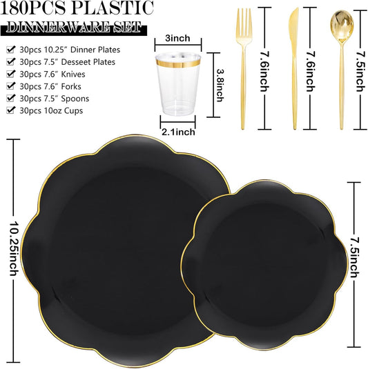 EI 180pcs Black Plastic Plates with Gold Plastic Silverware,Black and Gold Plates Disposable,Heavy Duty Plate for Party,Wedding,Anniversary,Halloween