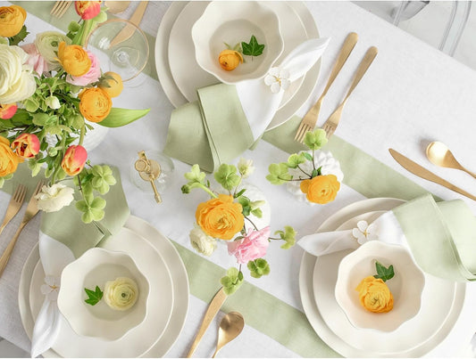 Solino Home Linen Table Runner 120 Inches Long - Sage Green and White 100% Pure Linen 14 x 120 Inch Table Runner for Dining, Fall, Autumn, Thanksgiving, Christmas - Contempo