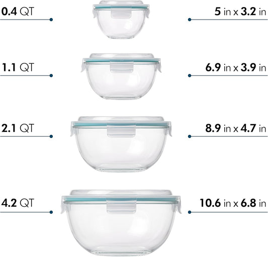 Glasslock Mixing Bowl with Latching Lids 8-Pieces Set – Airtight, Leakproof, BPA Free Lids, Nesting, Meal Prep, Baking, Salad, Food Storage & Serving Bowl, Microwave, Fridge & Freezer, Dishwasher Safe