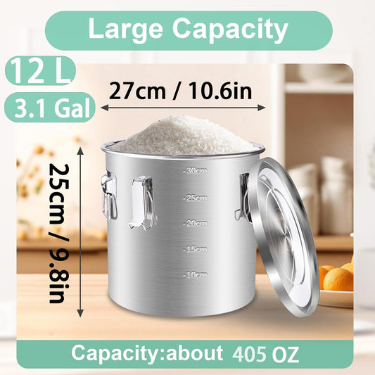 304 Stainless Steel Kitchen Airtight Canister, 12L/3.1gal Food Storage Containers with Lids and Lock Clips Rice Cereal Grain, Oil Sugar Milk Storage Bucket for Household Bar Restaurants