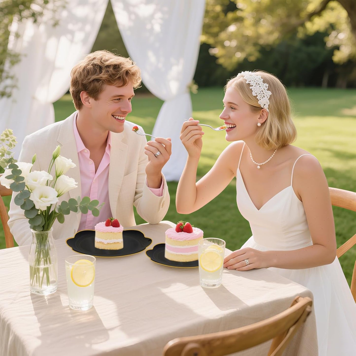 60pcs Black Disposable Plates with Gold Rim Heavy Duty Scalloped Plastic Birthday Plates Wedding Disposable Dinnerware Includes: 30 Dinner and 30 Dessert Plate,Perfect for Party Ceremony and Camping